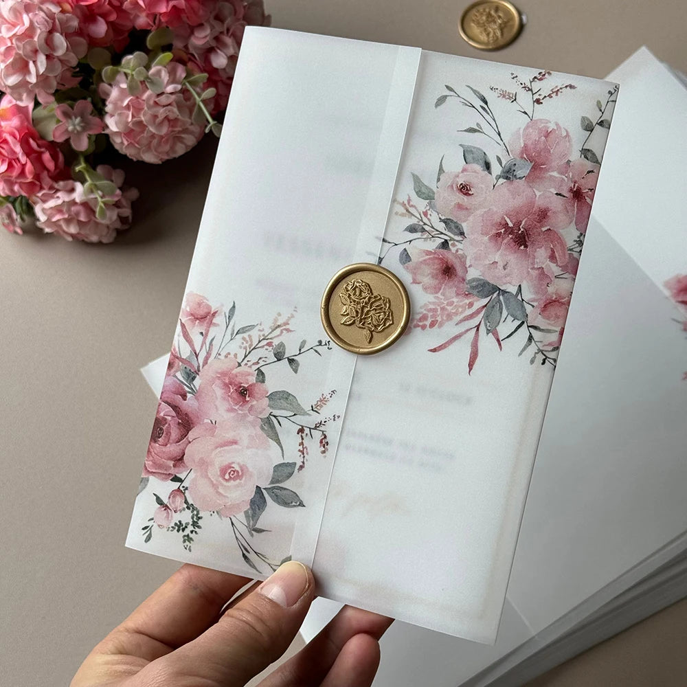 20pcs Watercolor flower Vellum  Wrap suitable for a 5 x 7 Wedding Invitation,vellum jacket,custom invitation