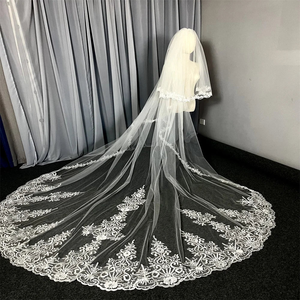 Cover face Real Photo 3m two Layer Wedding Veil With Comb White Lace Edge Bridal Veils Ivory Appliqued Cathedral Wedding Veil