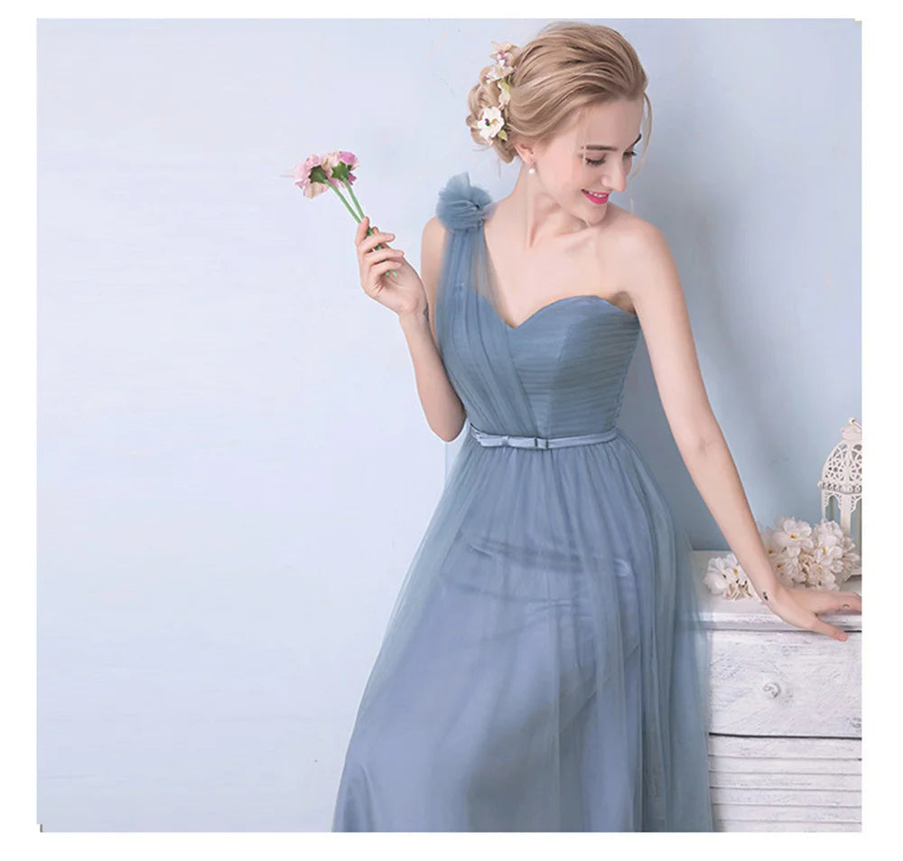Élégante Robe de Demoiselle d'honneur Gris Bleu Simple 4 styles sans Manches Femme Classique Tulle Ceinture Satin Lacets Nœud Robe de Bal Ligne A