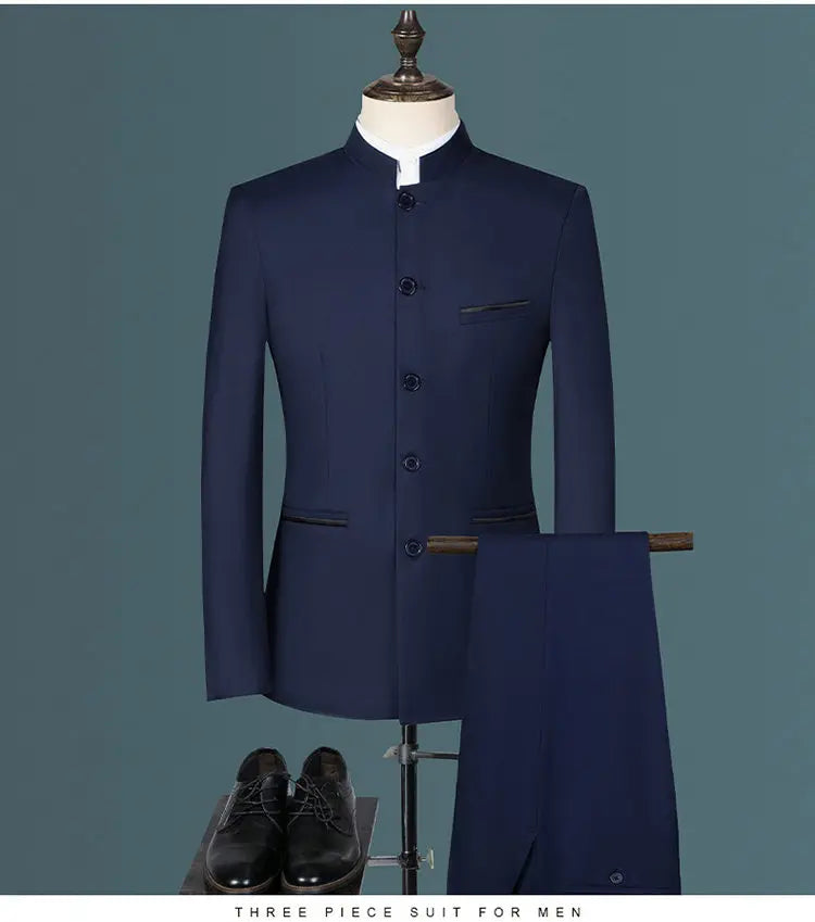 Costume homme pour hommes d'affaires jeunes et d'âge moyen, décontracté, à la mode et élégant, col montant simple, version coréenne de Zhongs