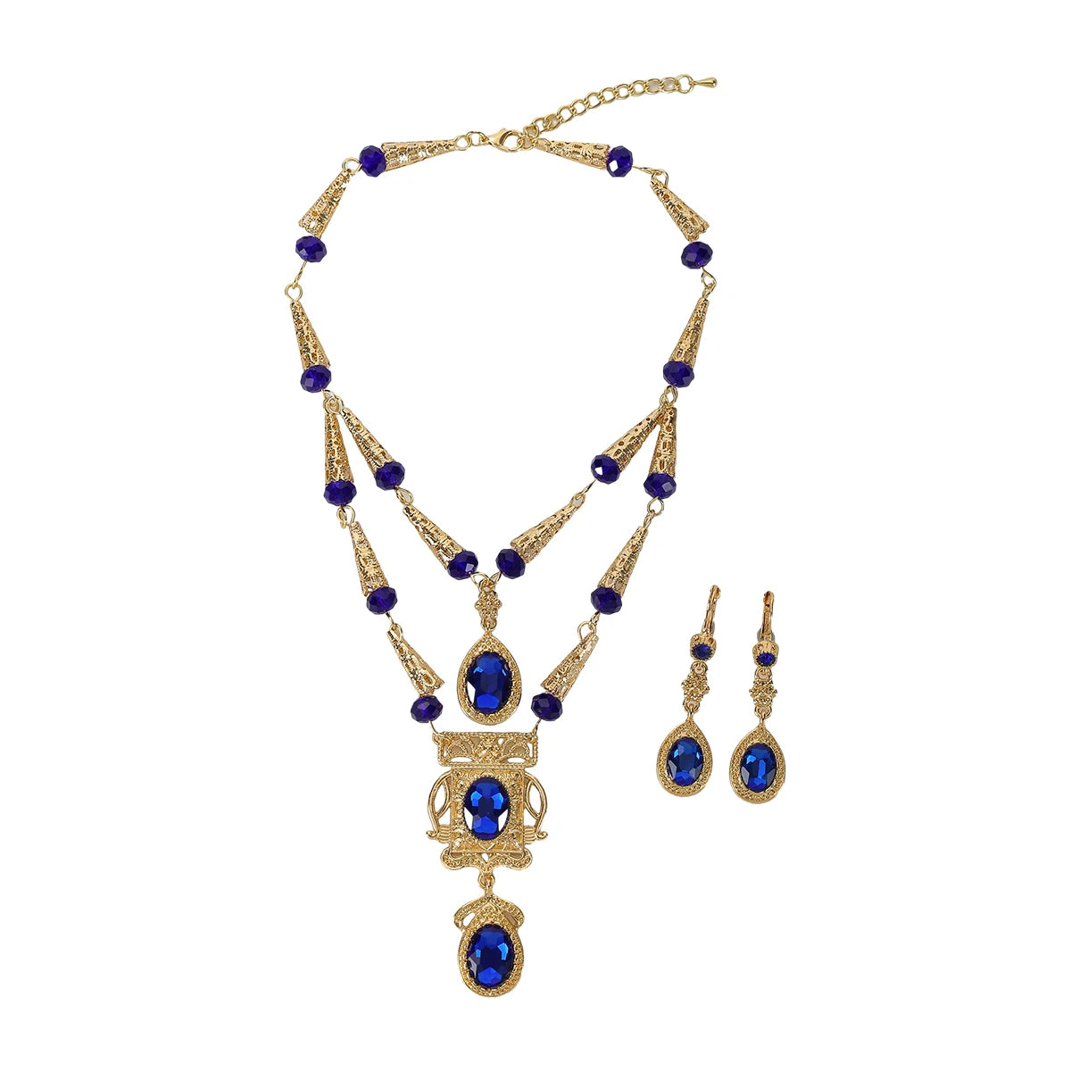 Parure collier et boucles d'oreilles de mariée en pierres précieuses, faits à la main au Maroc — Plaqué or