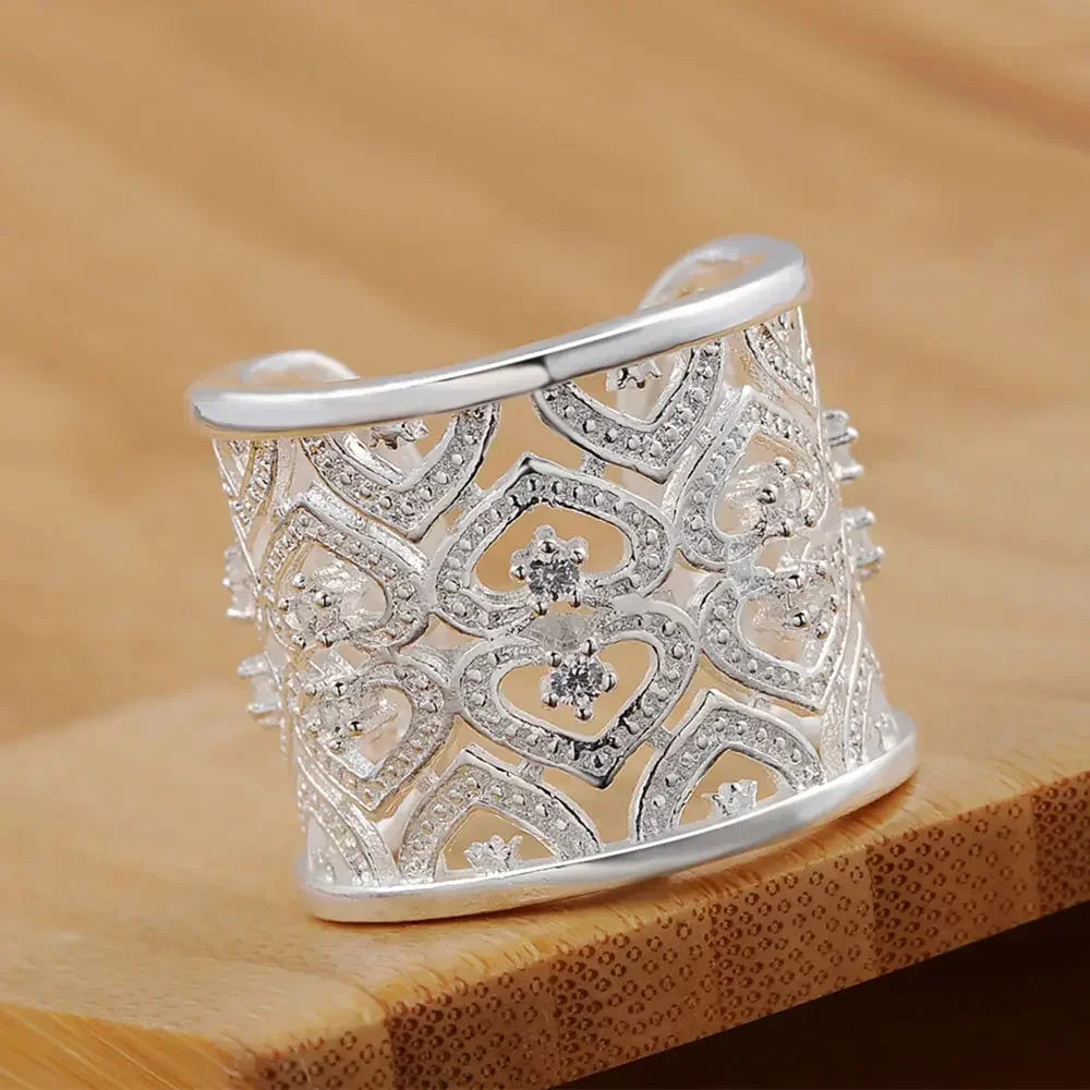 Bague réglable Cœur de Cristal — Argent Sterling 925