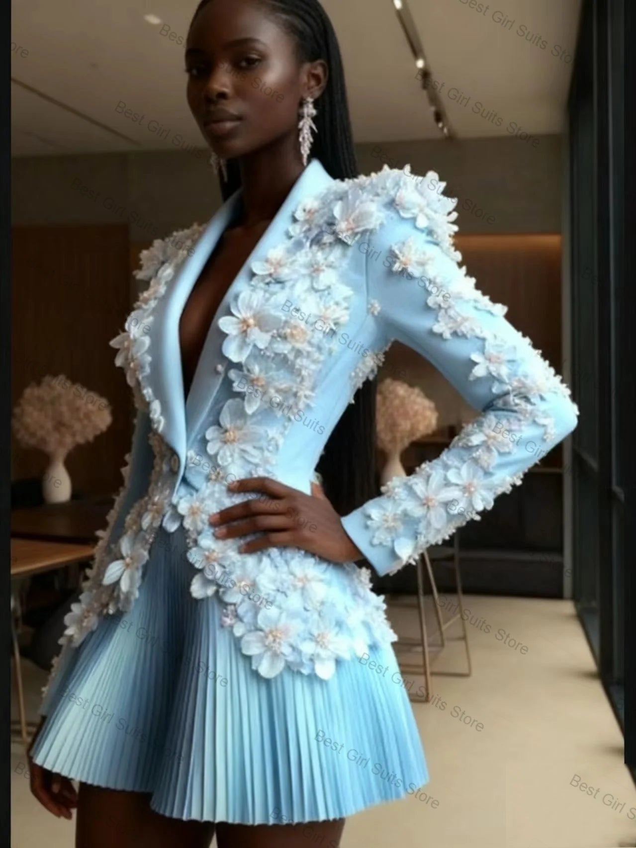 Blue Women Suit Set 2 Piece Blazer+Short Mini Prom Dress 3D Flower Formal Office Lady Jacket Customized Prom Wedding Guest Coat