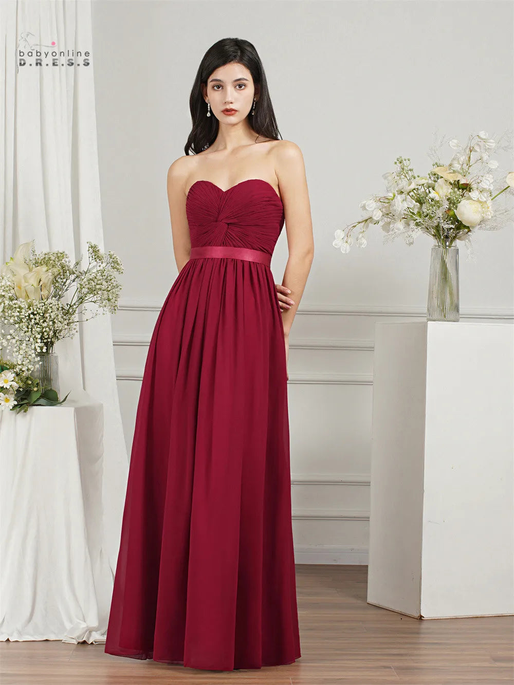 BABYONLINE Robes de demoiselle d'honneur pour fête de mariage élégantes bordeaux plissées en mousseline de soie coupe trapèze longues robes de soirée formelles de bal