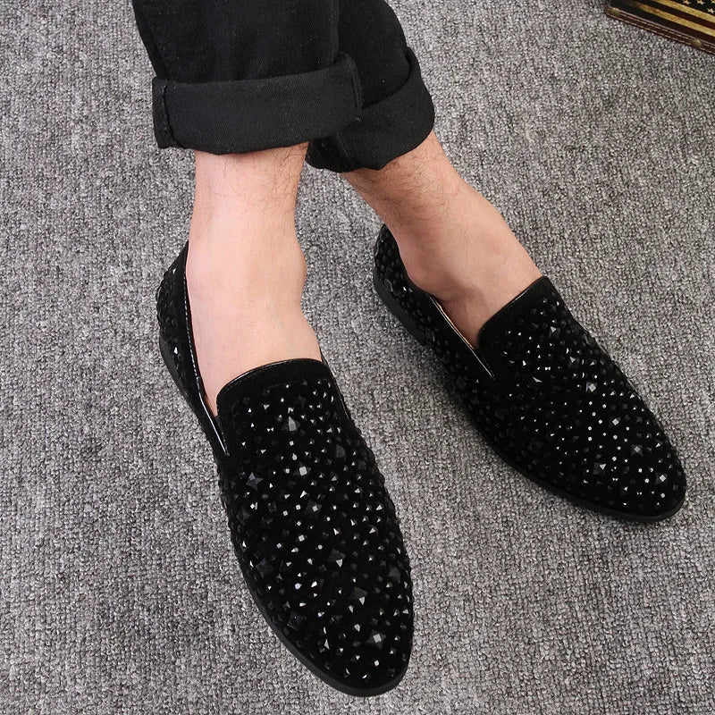 Chaussures habillées pour hommes de luxe à bout pointu, mocassins noirs, en jean, à paillettes métalliques, chaussures de mode de haute qualité pour hommes, chaussures de mariage, nouveauté