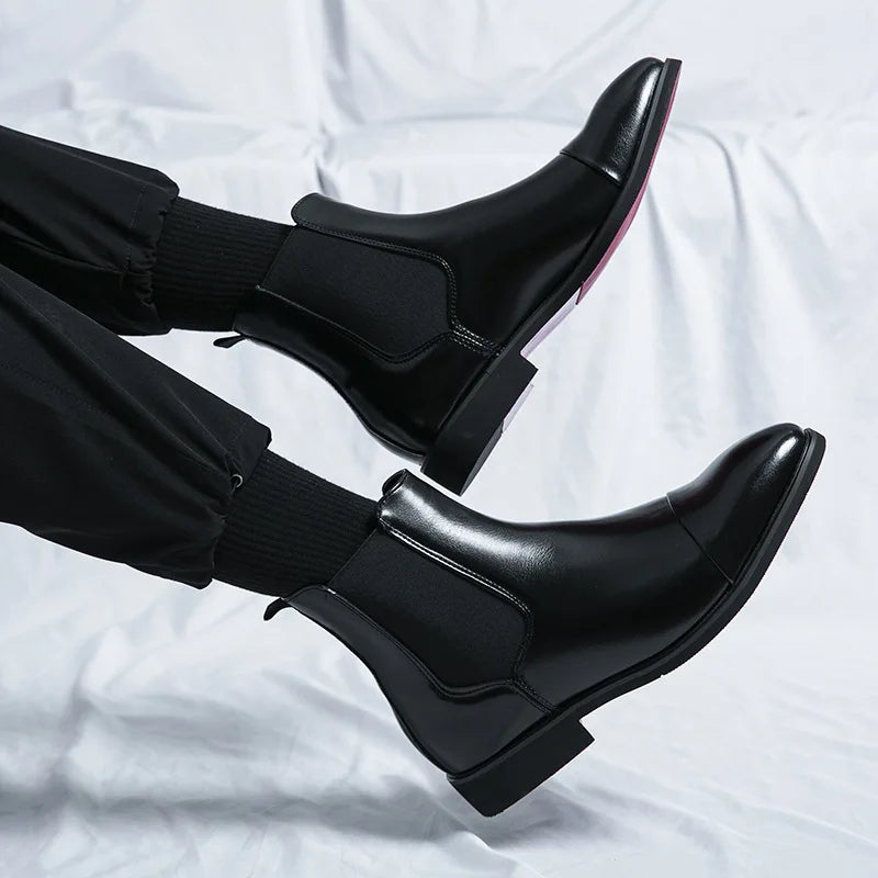 Bottes pour hommes Bottines d'affaires Semelle rouge Bout pointu Bottes habillées Chaussures montantes en cuir de style britannique Chelsea pour hommes décontractées à enfiler