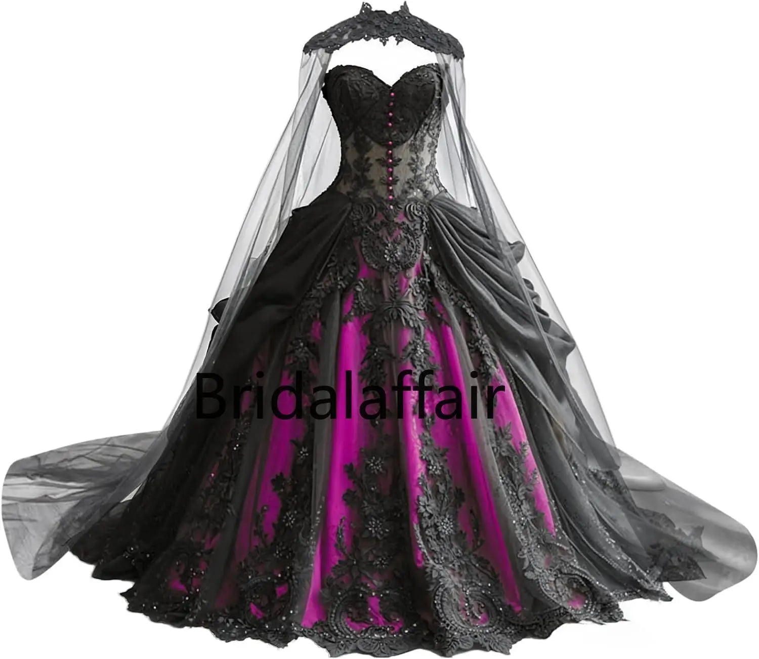 Robes de mariée gothiques pour la mariée Robes de mariée en dentelle noire appliquées Robes de mariée en tulle étagé brodées avec cape