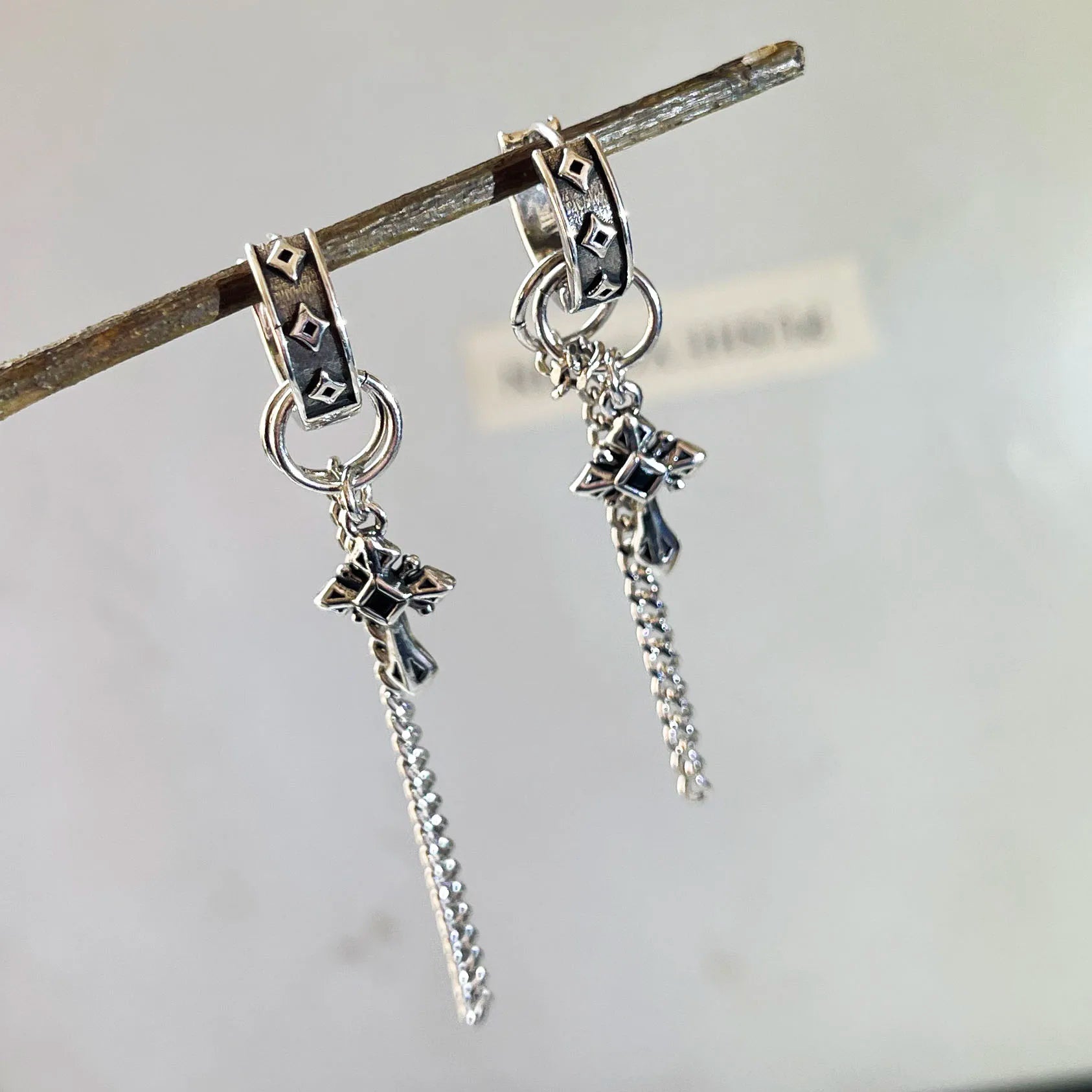 Boucles d'oreilles créoles longues vintage à chaîne — Argent sterling 925