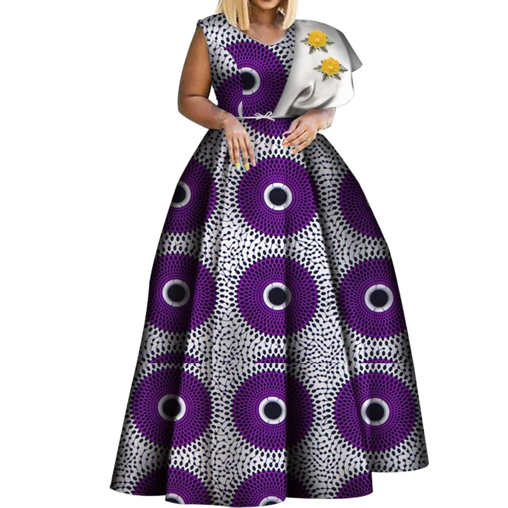 Bintarealwax Robes africaines Dashiki imprimées Bazin Robe de soirée asymétrique Robes africaines grande taille pour femmes WY3834
