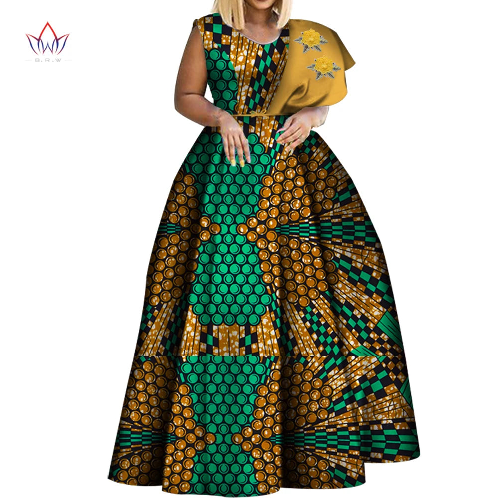 Bintarealwax Robes africaines Dashiki imprimées Bazin Robe de soirée asymétrique Robes africaines grande taille pour femmes WY3834