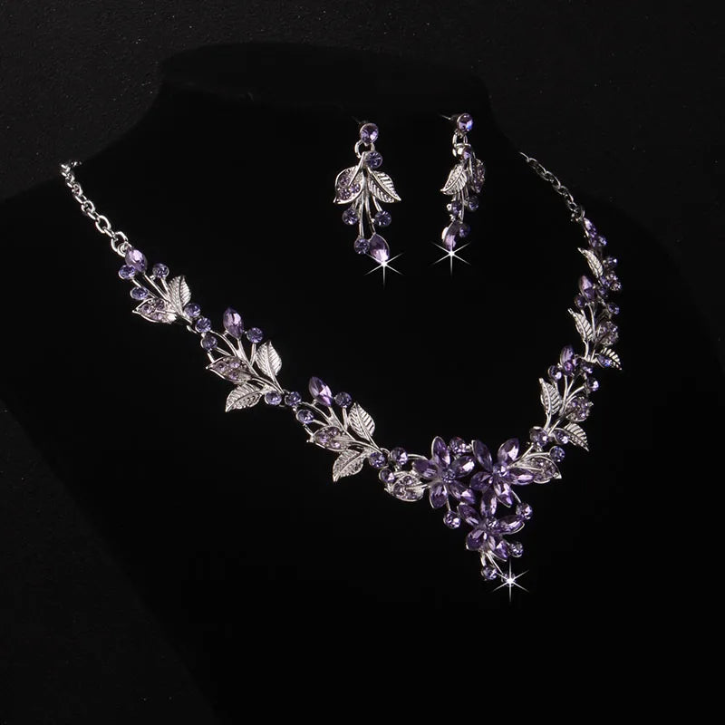 Purple Leaf & Flower Bridal Necklace & Earring Set