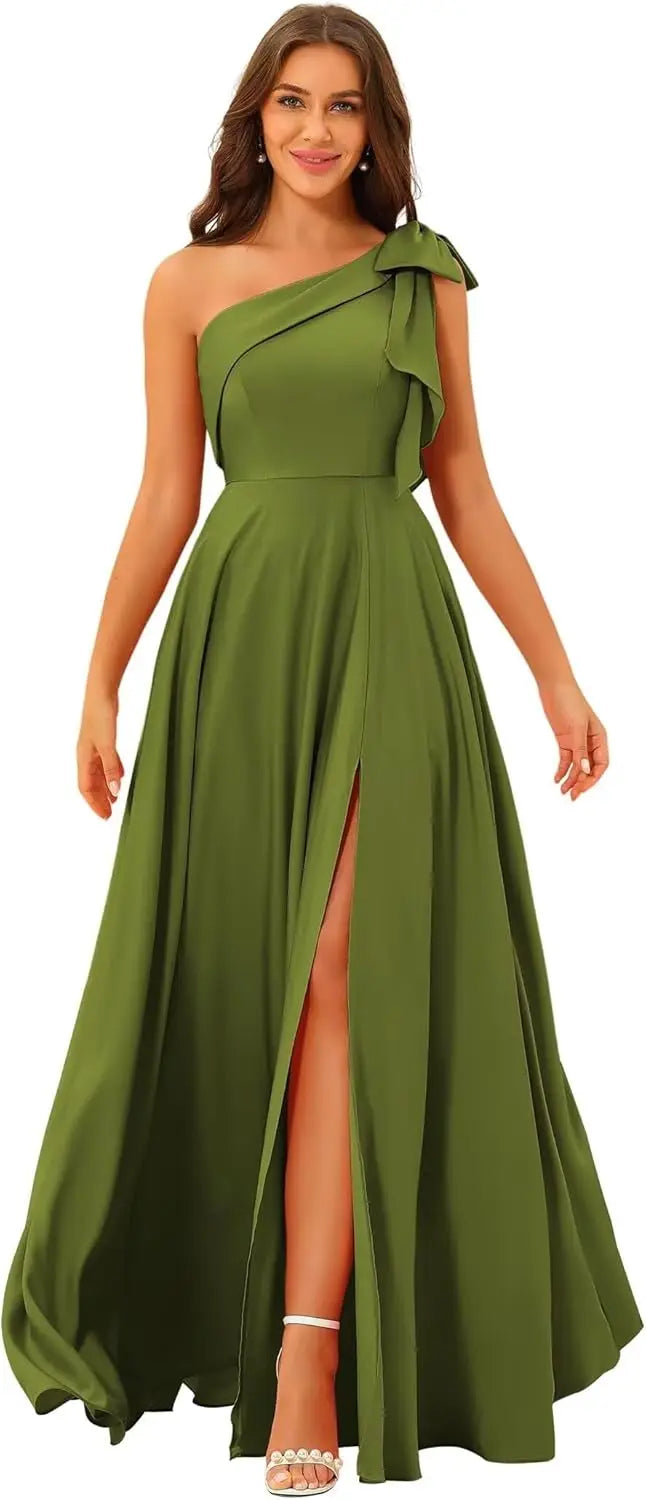 Robe de demoiselle d'honneur élégante en satin à nœud et à épaule dénudée, coupe trapèze fendue, dos nu, couleur unie, simple, pour invités, robe de bal, laçage, robe de soirée de mariage