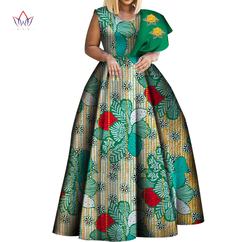 Bintarealwax Robes africaines Dashiki imprimées Bazin Robe de soirée asymétrique Robes africaines grande taille pour femmes WY3834