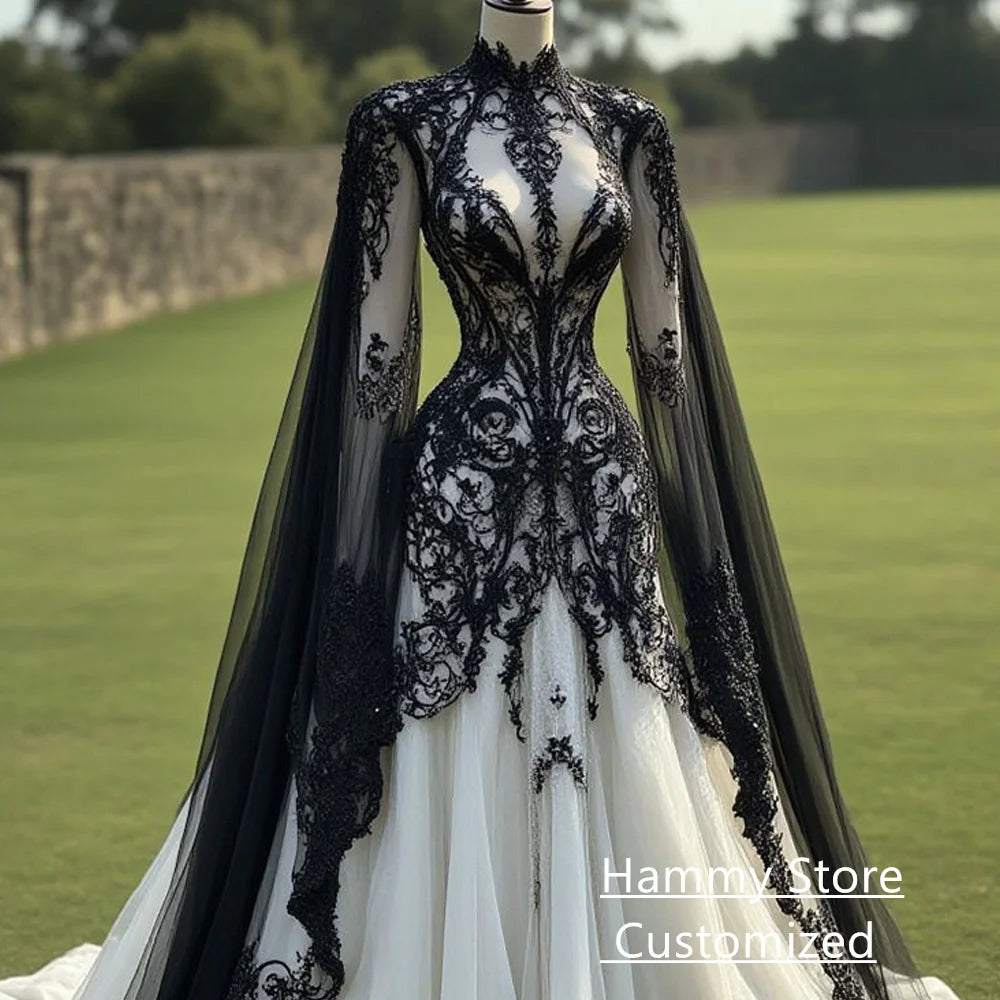 Gothic Wedding Dress Black Lace Applique Customized High Neck Long Batwing Sleeves Sweep Train Bridal Gown Vestido De Noiva