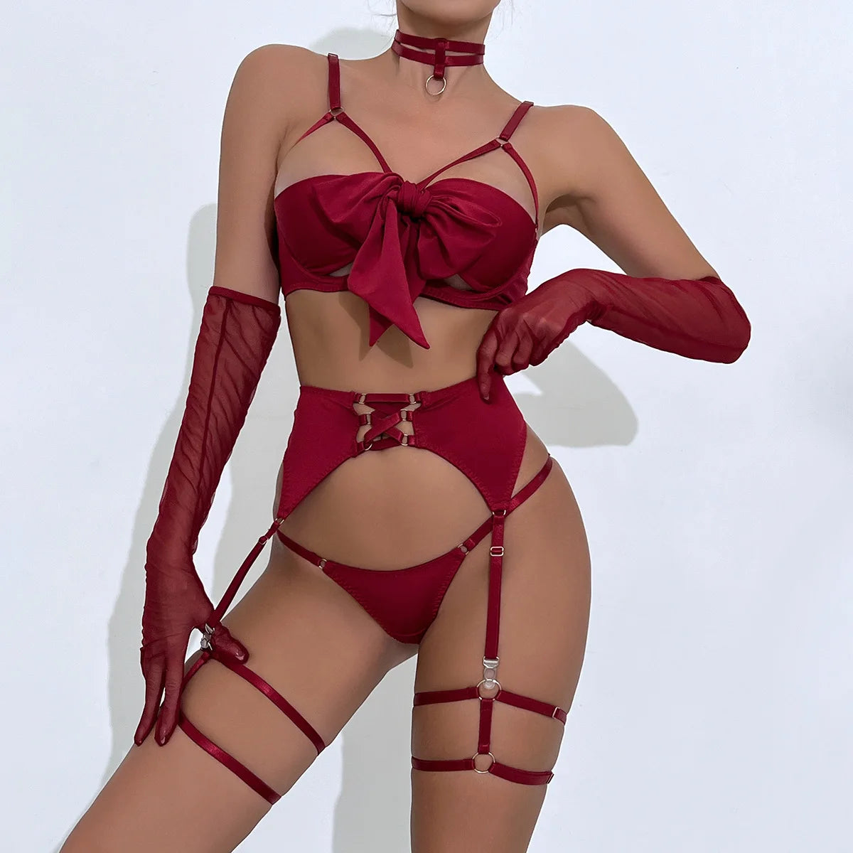 Ensemble de lingerie sexy - Soutien-gorge à nœud, Ensemble de soutien-gorge noir tentation, Ensemble quatre pièces sous-vêtements femme avec ceinture et découpes, Nuisette érotique