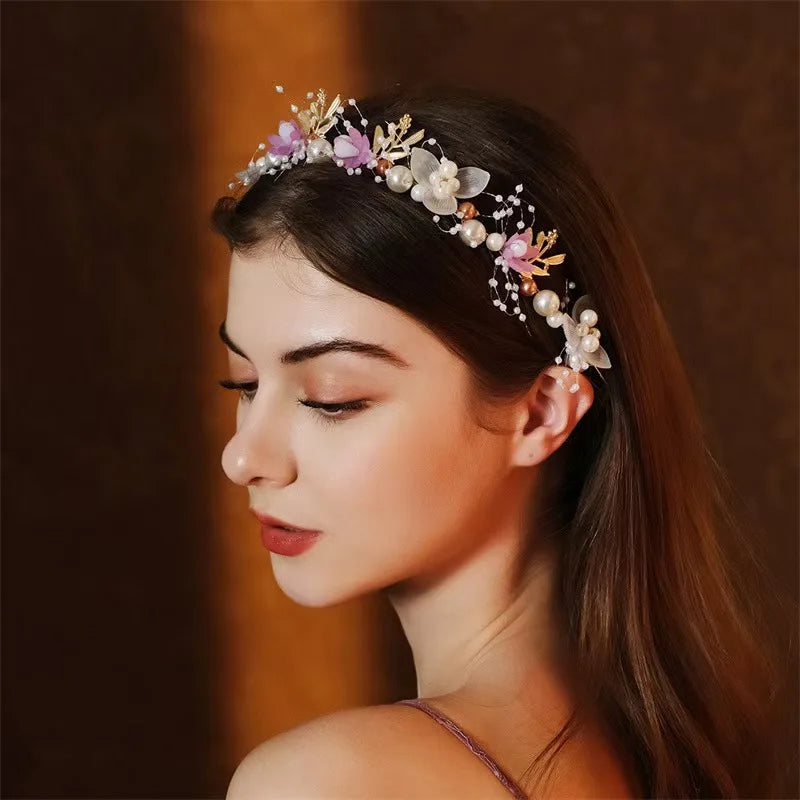 Accessoire de mariage Couronne de mariée Bijoux de cheveux en cristal Tiare avec perles Fleurs Couronne de mariage Bandeau floral de mariée avec perles
