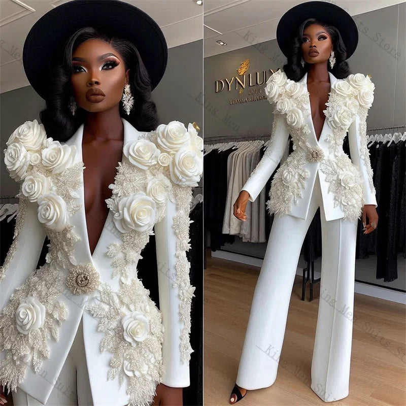 Ensemble Tailleur Femme Blanc de Luxe, 2 Pièces, Blazer et Pantalon, Fleurs 3D, Sur Mesure, Formel, Pour Bureau, Mariage, Smoking, Robe de Soirée