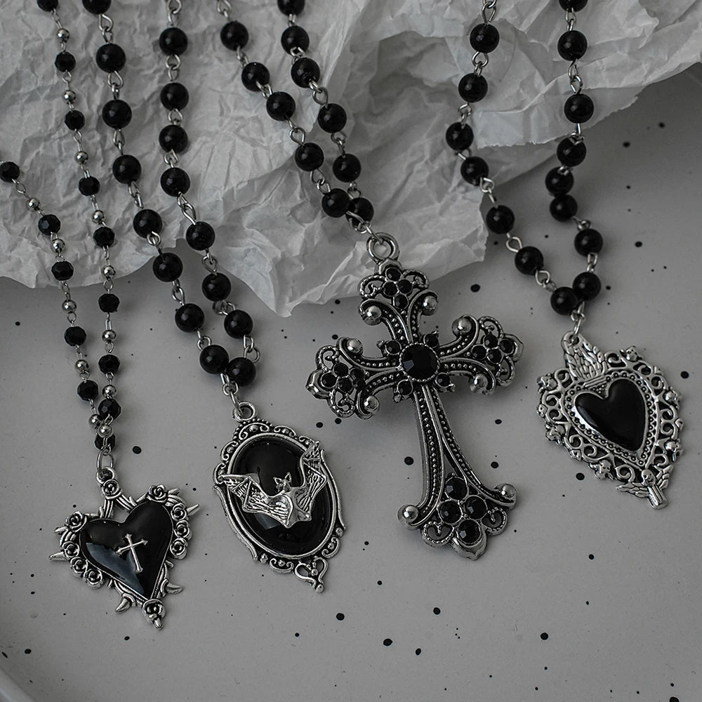 Gothic Bat & Cross Stacked Necklace Set — Y2K Dark Style