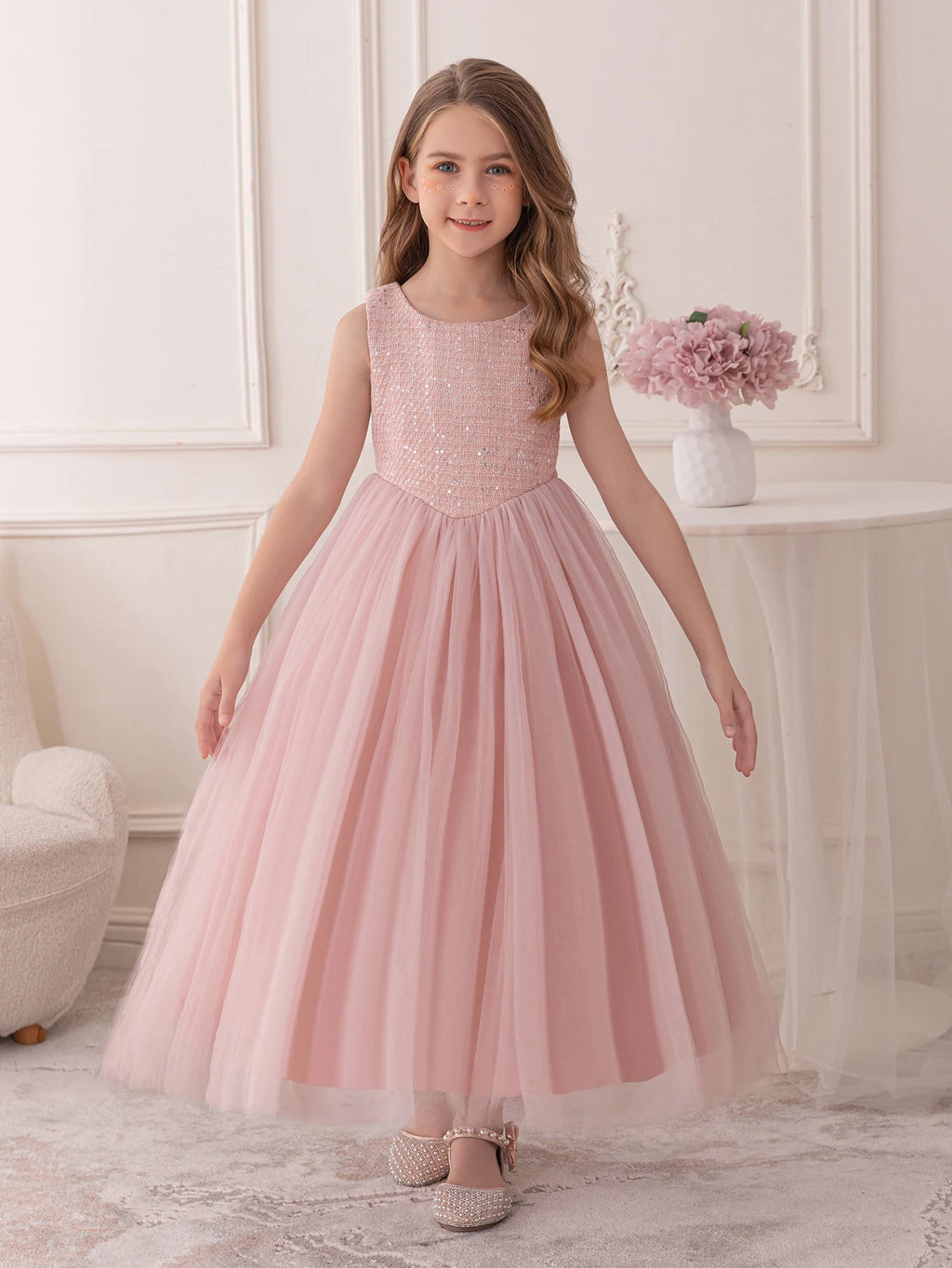 Robe Rose pour Fille, Robe de Demoiselle d'honneur, en Gaze avec Paillettes, Longue Robe de Soirée pour Anniversaire, Robe de Princesse
