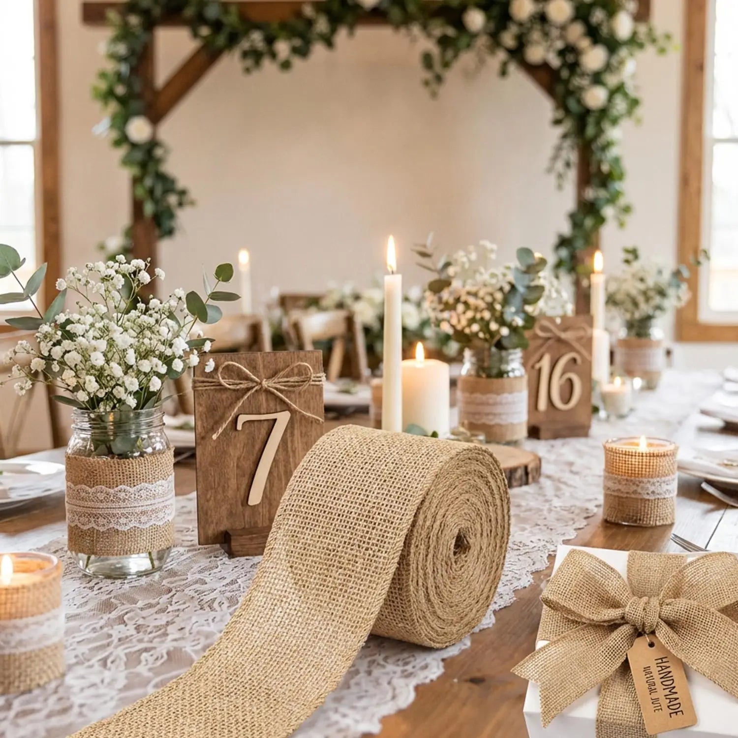 Jute Burlap Ribbon Roll DIY Handmade Craft Supplies for Wedding Decor Gift Wrapping Flower Bouquets Table Garland Party DIY