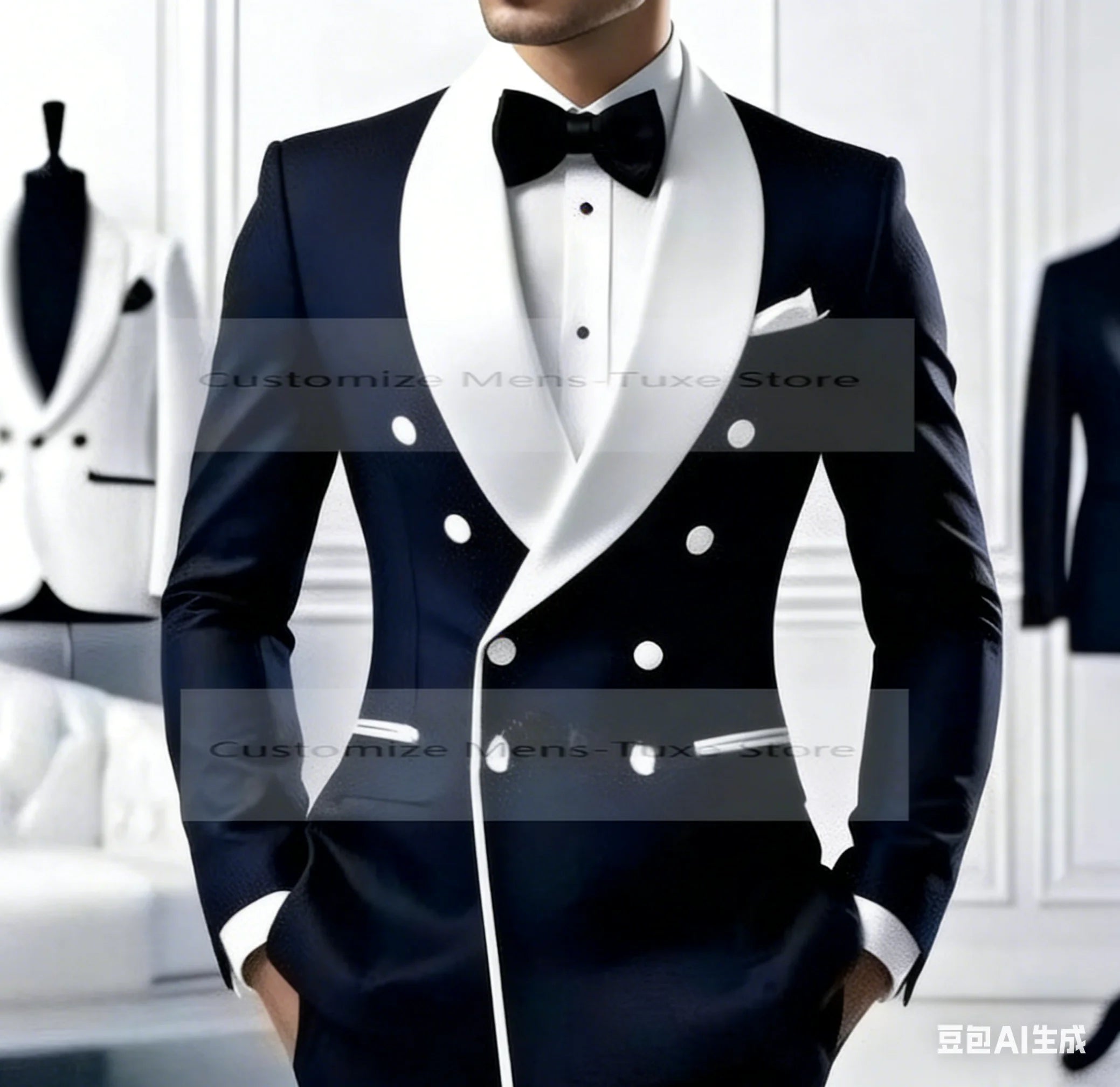 Costume homme noir col blanc pour occasion formelle, marié, témoin, mariage, bal de promo, affaires décontractées, smoking, ensemble 2 pièces blazer pantalon