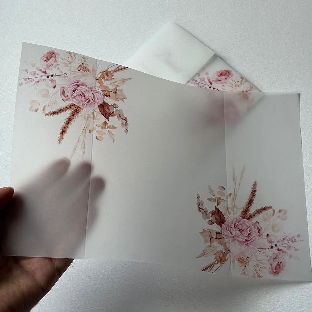 20pcs Watercolor flower Vellum  Wrap suitable for a 5 x 7 Wedding Invitation,vellum jacket,custom invitation