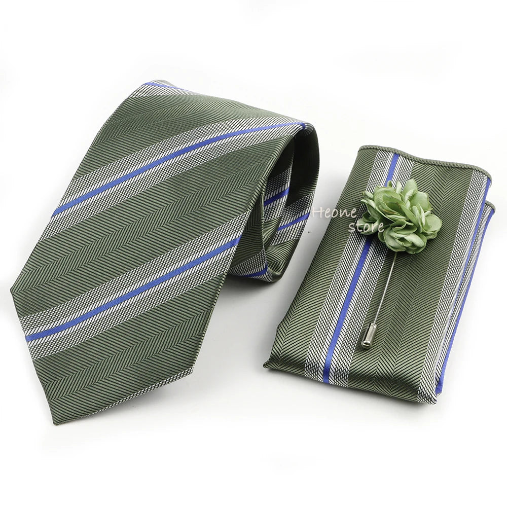 Men's Striped Necktie, Pocket Square & Brooch Set | Groom & Groomsmen Wedding Accessory