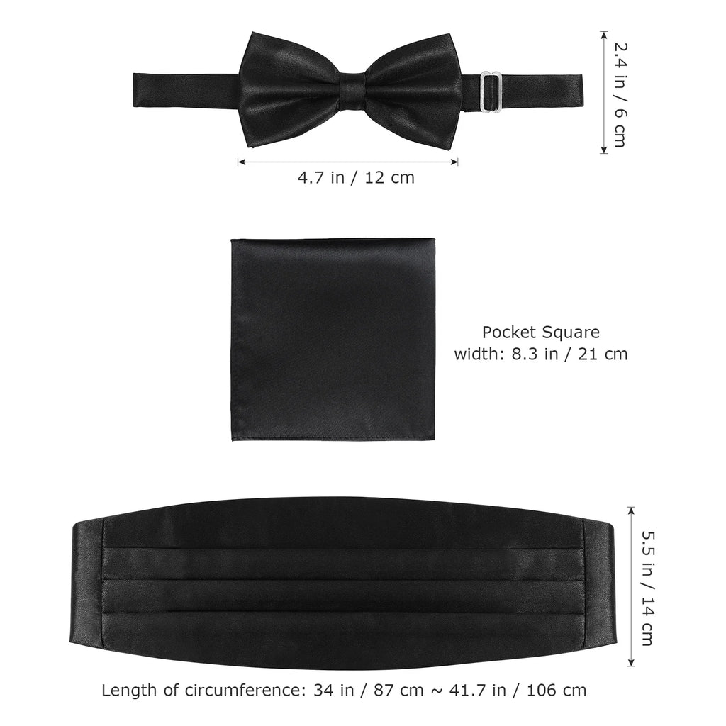 3Pcs Men's Cummerbund Bow Tie Pocket Handkerchief Set Adjustable Smooth Polyester Suit Accessory Prom Wedding Formal Party