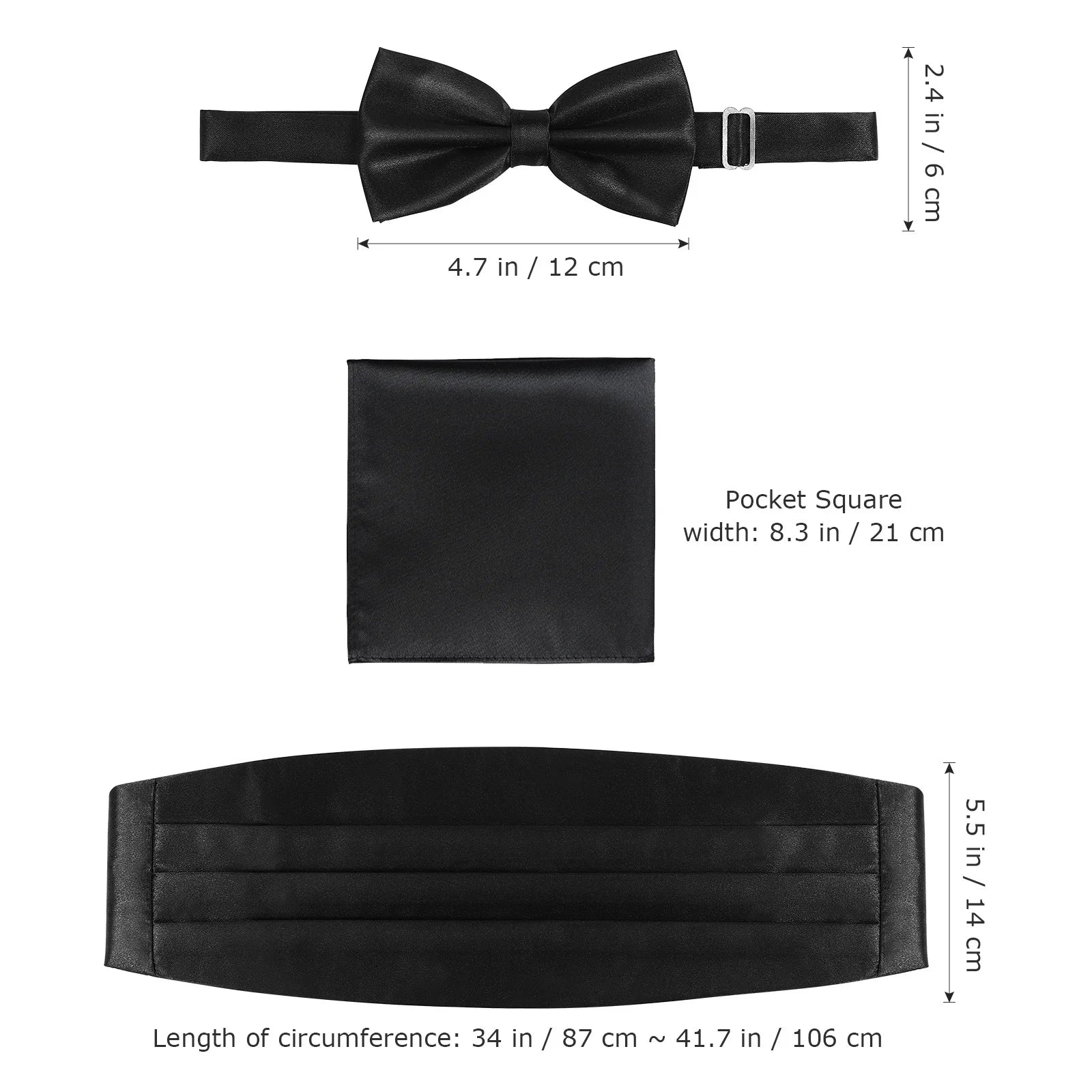 3Pcs Men's Cummerbund Bow Tie Pocket Handkerchief Set Adjustable Smooth Polyester Suit Accessory Prom Wedding Formal Party