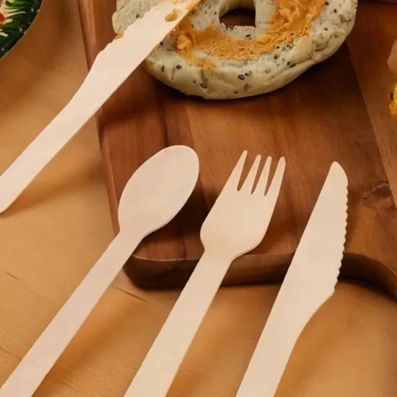 50/100 PIÈCES Cuillère, Fourchette et Couteau en Bois Jetables Couverts en Bois pour Gâteau, Crème Glacée, pour Mariage, Anniversaire, Fête