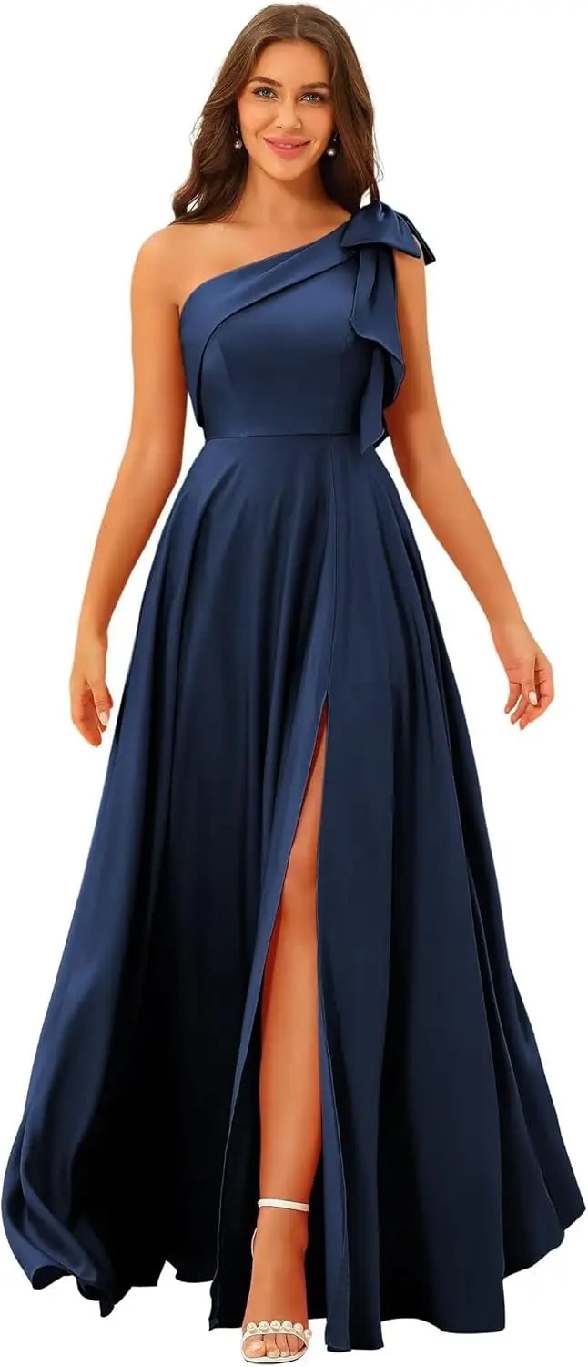 Robe de demoiselle d'honneur élégante en satin à nœud et à épaule dénudée, coupe trapèze fendue, dos nu, couleur unie, simple, pour invités, robe de bal, laçage, robe de soirée de mariage
