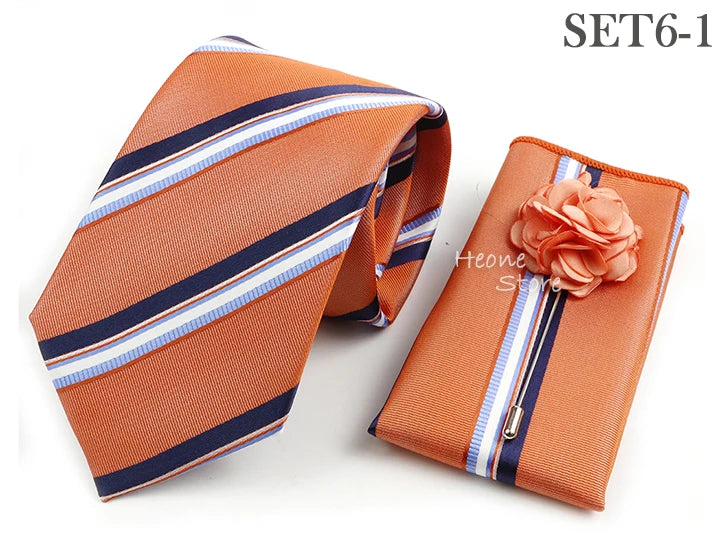 Men's Striped Necktie, Pocket Square & Brooch Set | Groom & Groomsmen Wedding Accessory