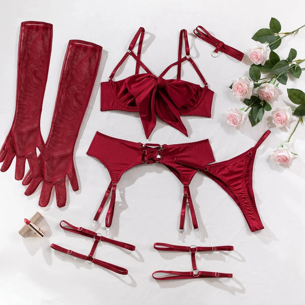 Ensemble de lingerie Ellolace Nœud Papillon Soutien-gorge Ouvert en Soie Sous-vêtements Sissy Bilizna Non Censurée Pornographie Sensuelle Intime Jarretière Strings Tenues Sexy