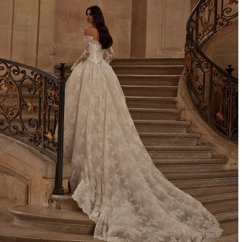 Robe de mariée vintage en organza avec broderie dentelle, coupe trapèze, manches longues, épaules dénudées, personnalisée (Vestido De Novia)