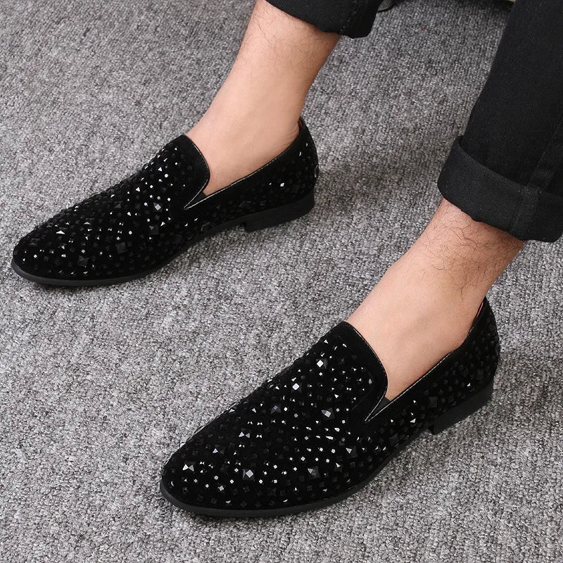 Chaussures habillées pour hommes de luxe à bout pointu, mocassins noirs, en jean, à paillettes métalliques, chaussures de mode de haute qualité pour hommes, chaussures de mariage, nouveauté