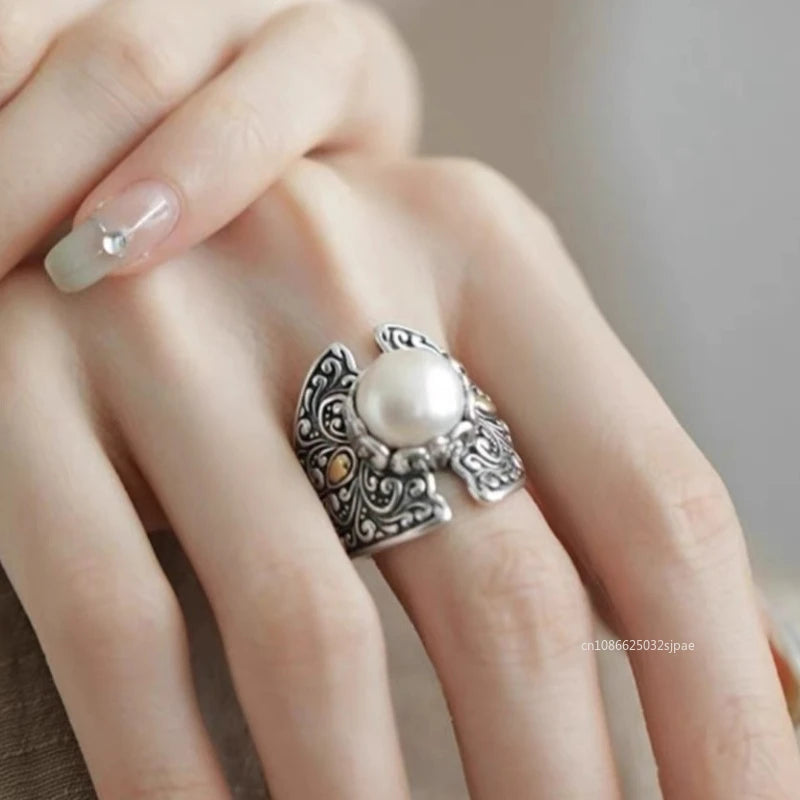 Bague Ajustable Perle Creuse Sculptée — Bijoux de Mariée Vintage