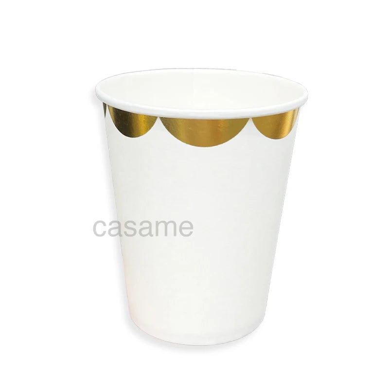 Vaisselle jetable dorée et blanche, assiettes en carton, pailles, gobelets pour 1er anniversaire, mariage, décoration, fête prénatale, fournitures de fête pour enfants.