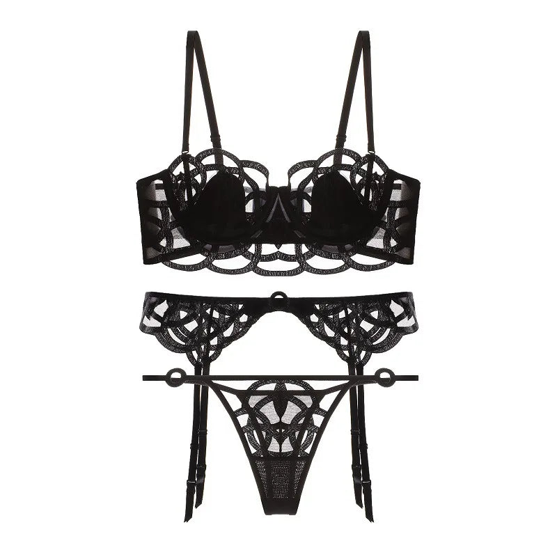 CINOON Lingerie sexy brodée pour femme Ensemble soutien-gorge push-up en dentelle fine et transparente + porte-jarretelles + string, ensemble de 3 pièces de lingerie française
