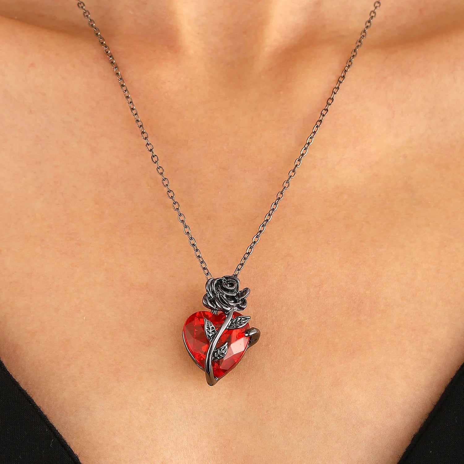 Gothic Black Rose & Red Stone Heart Pendant Necklace