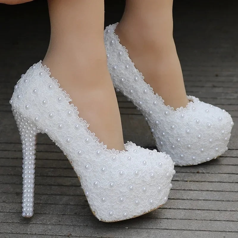 Chaussures Femme Escarpins Dentelle Strass Bout Rond Talons Fins 14cm Blanc Délicat Doux Mariage Chaussures à Talons Hauts
