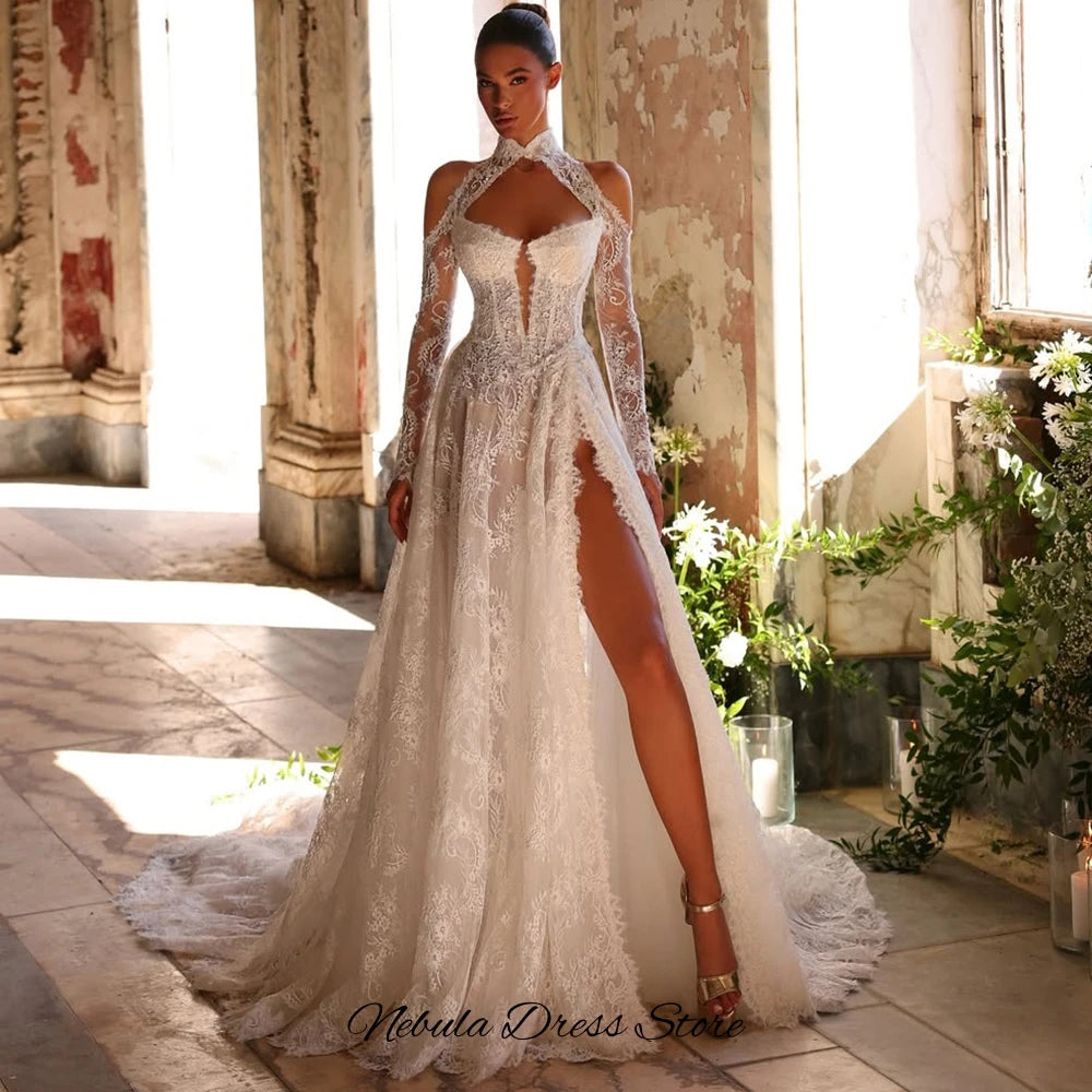 Robe de mariée élégante personnalisée à manches longues et col haut, avec de charmantes appliques en dentelle, fendue sur le côté, Vestido De Novia.