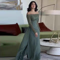 Robe de soirée corset personnalisée avec surjupe, épaules dénudées, manches longues, robe de bal pour invitée de mariage, tenue de soirée pour le bal de promo