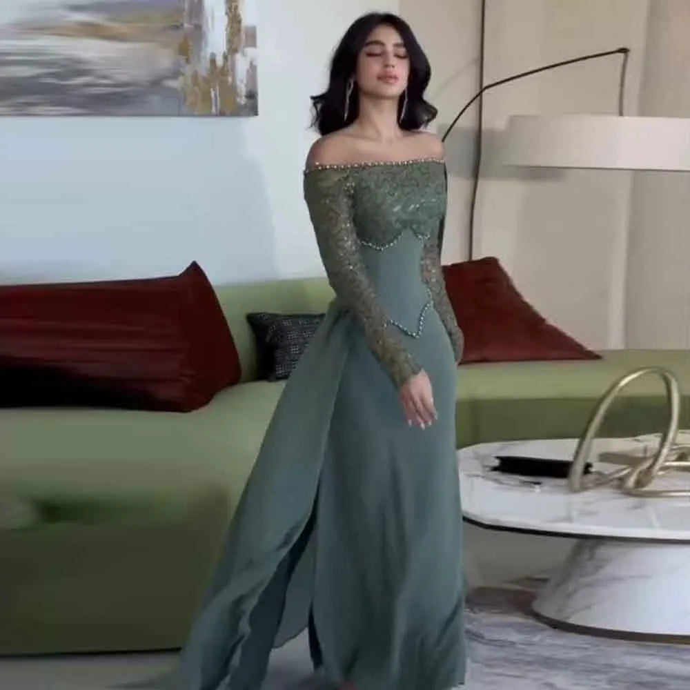 Robe de soirée corset personnalisée avec surjupe, épaules dénudées, manches longues, robe de bal pour invitée de mariage, tenue de soirée pour le bal de promo