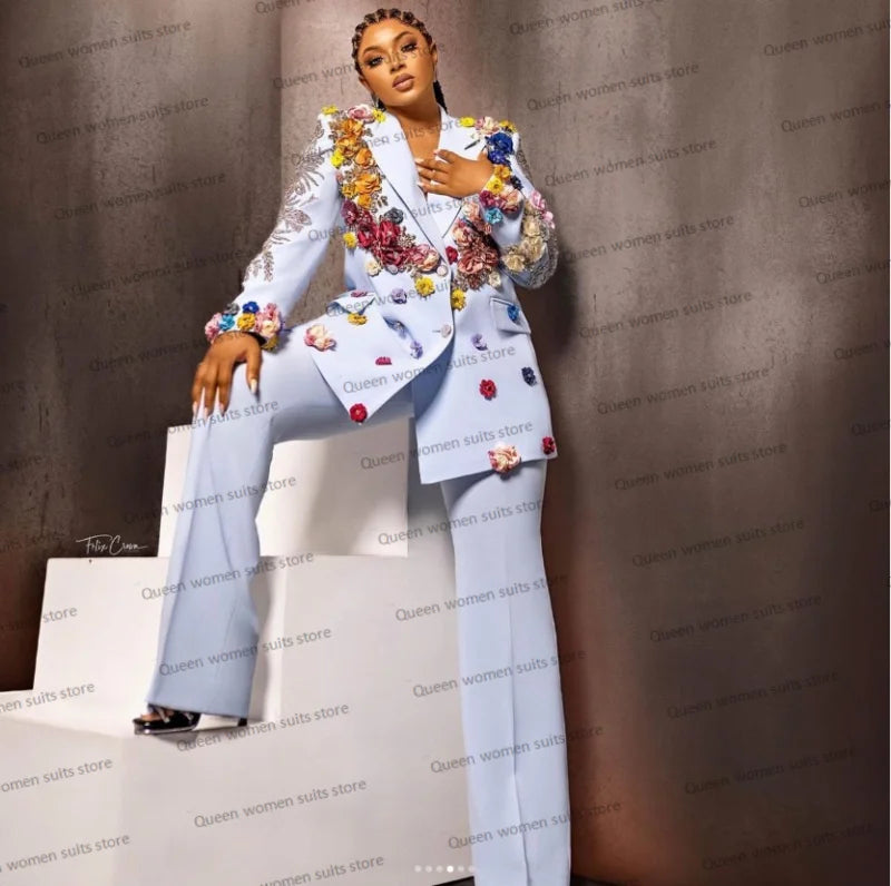 Wedding Tuxedos Women Suits Set Blazer+Pants 2 Pieces Crystal 3D Flower Beads Customized Formal Guest Party Prom Dress Jacket