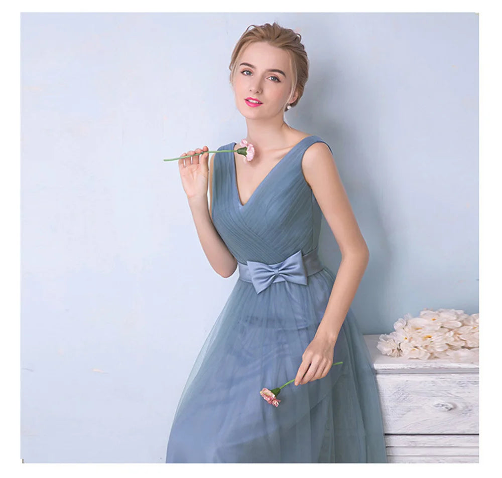 Élégante Robe de Demoiselle d'honneur Gris Bleu Simple 4 styles sans Manches Femme Classique Tulle Ceinture Satin Lacets Nœud Robe de Bal Ligne A