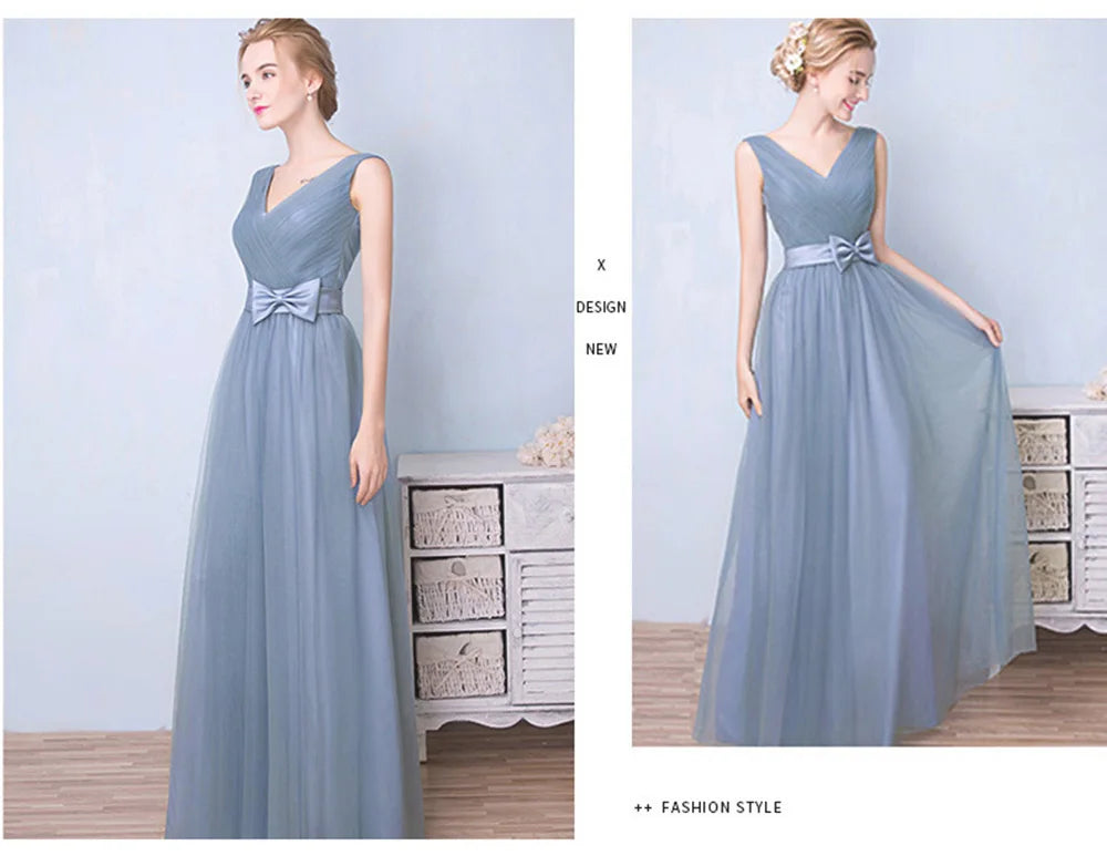 Élégante Robe de Demoiselle d'honneur Gris Bleu Simple 4 styles sans Manches Femme Classique Tulle Ceinture Satin Lacets Nœud Robe de Bal Ligne A