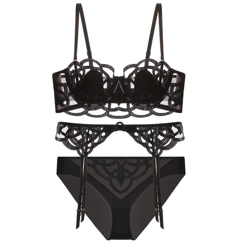CINOON Lingerie sexy brodée pour femme Ensemble soutien-gorge push-up en dentelle fine et transparente + porte-jarretelles + string, ensemble de 3 pièces de lingerie française