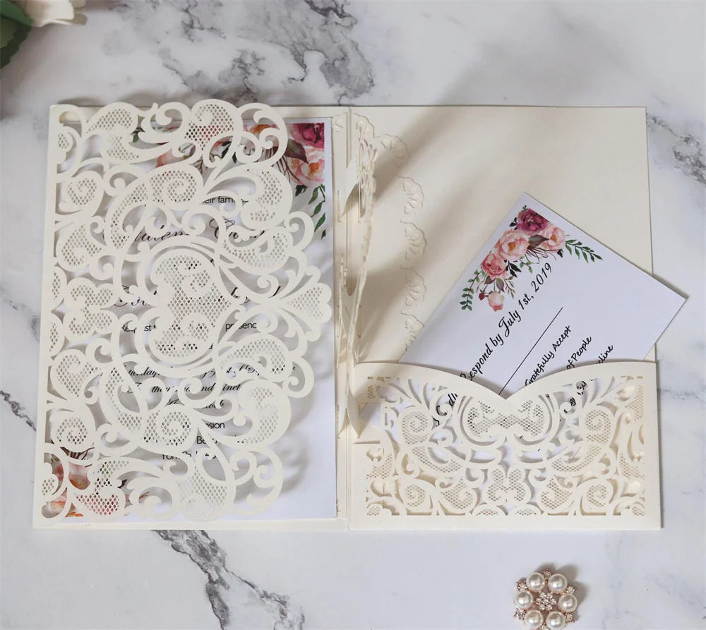 6 Pièces/Lot 3D Pop Up Mariés Ivoire Carte d'invitation de mariage Laser Poche Florale Douche nuptiale Invitations de fiançailles