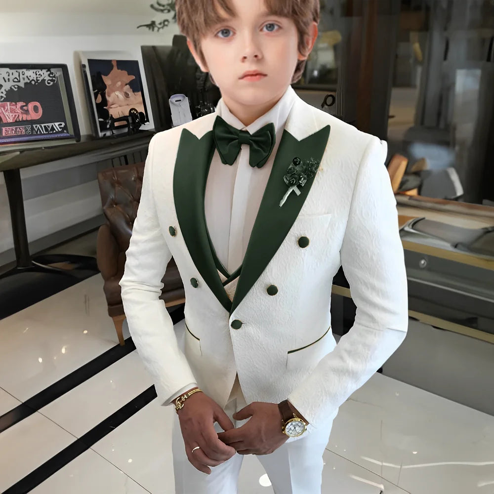 Costume jacquard blanc pour garçons, costume trois pièces pour mariage, smoking enfant 2025, nouveau design, veste, pantalon, gilet, robe sur mesure