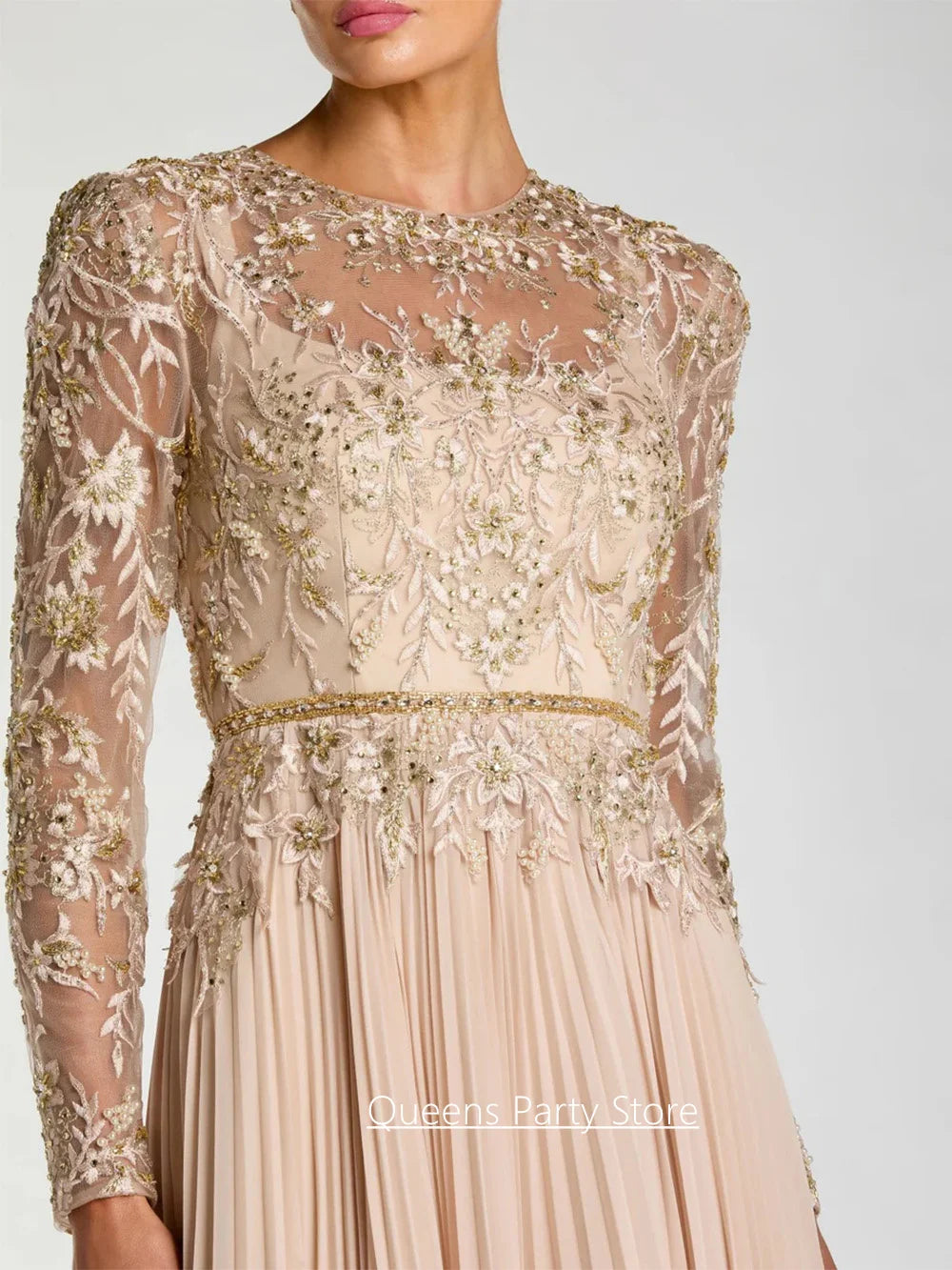 Robe de soirée de mariage personnalisée élégante col rond manches longues perles applique plissée mousseline robe de mère de la mariée